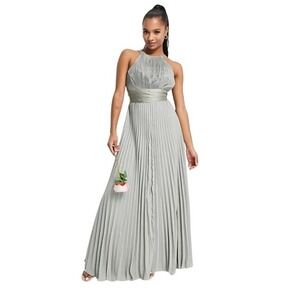 Asos Petite Bridesmaid Pleated Pinny Maxi Dress Satin Wrap Waist Olive 6P